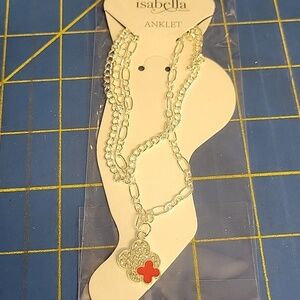 Isabella New York Silver Tone Red & Rhinestone Charm 8.5 Ankle Bracelet NIP